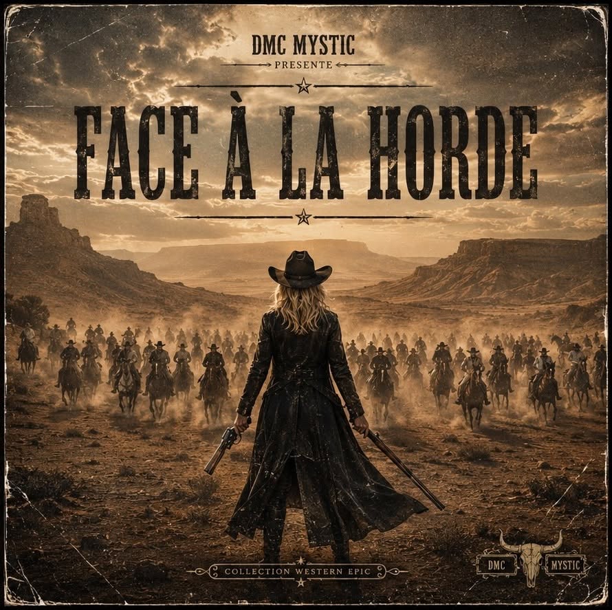 Cowboy armé dans une ville western au coucher du soleil, style épique.