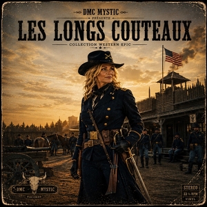Soldat western en tunique bleue face aux grandes plaines, style épique militaire.