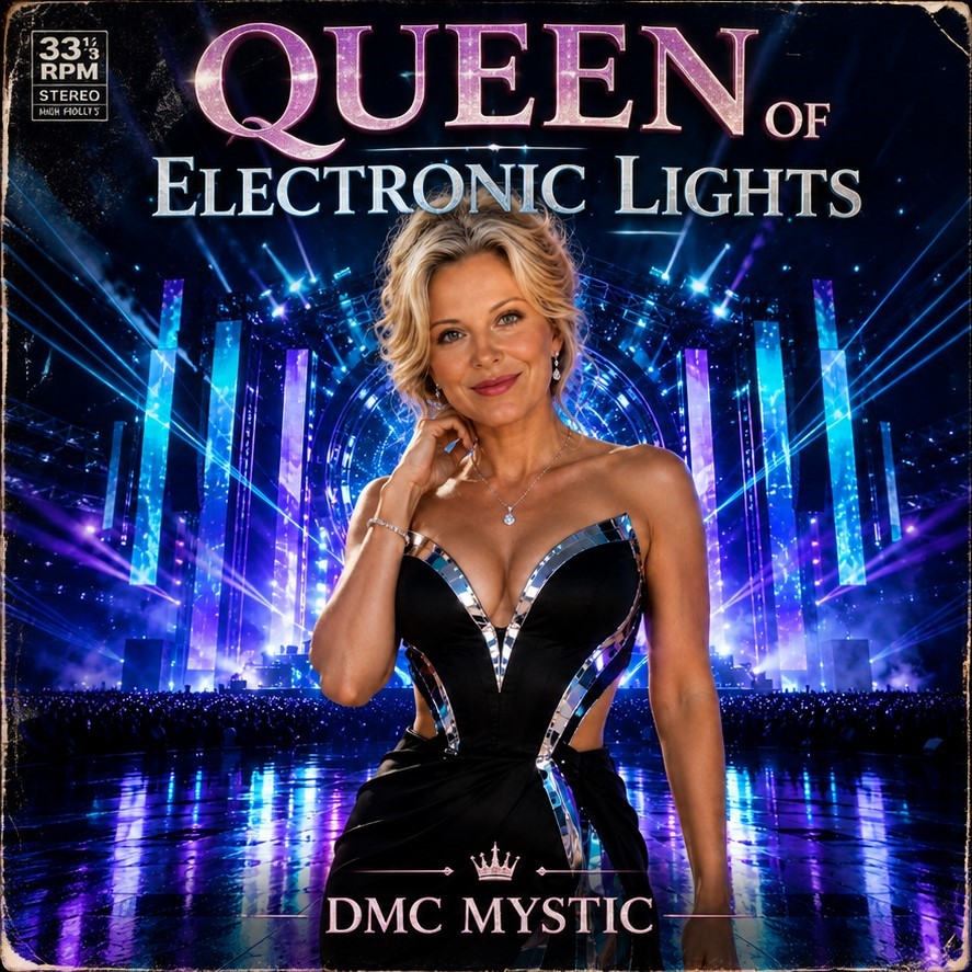 DJ sous lumières néon violettes, scène futuriste EDM et foule en transe.