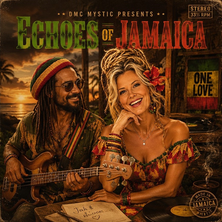 Coucher de soleil jamaïcain avec palmiers, platine vinyle et ambiance reggae tropicale.