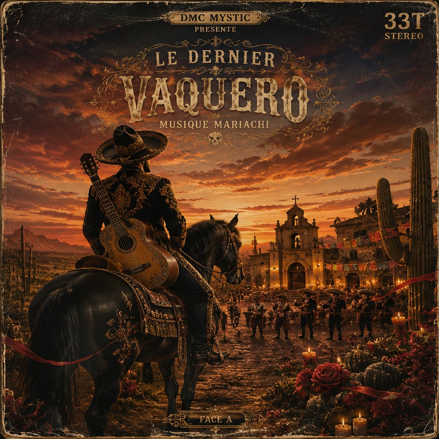 Vaquero en tenue traditionnelle dans une ambiance mariachi chaleureuse et mexicaine.