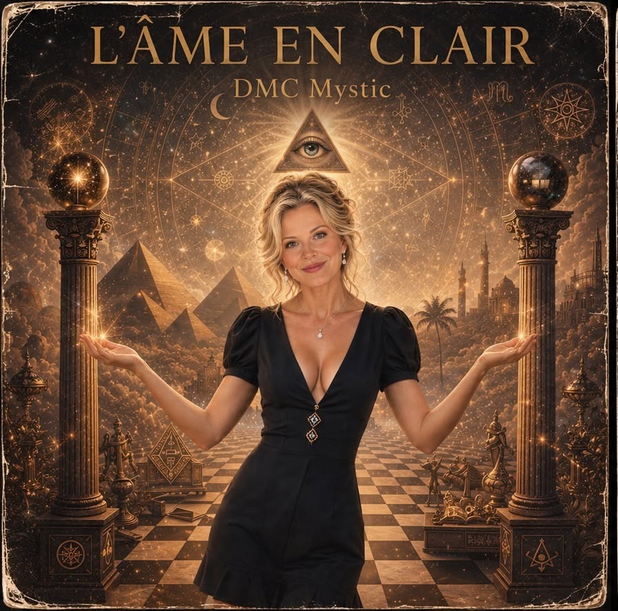 Portrait mystique de DMC Mystic, baignée de lumière blanche et d’éclats dorés, entre esthétique futuriste et douceur émotionnelle. Une ambiance électro‑cosmique qui reflète parfaitement l’univers de l’album Ame en Clair.