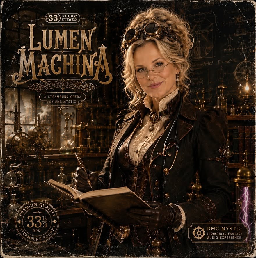 Rose mécanique steampunk entourée d’engrenages et énergie lumineuse.